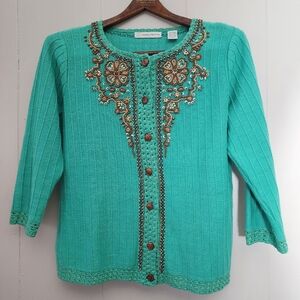 Vintage Marisa Christina Beaded Cardigan Turquoise Knit Embellished Sweater S